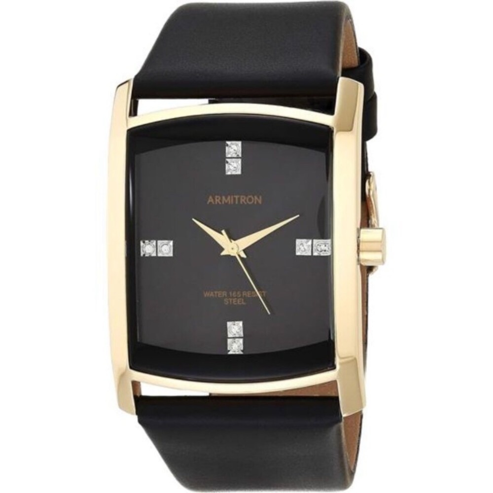 Men's Genuine Crystal Accented Leather Strap Watch Black Gold